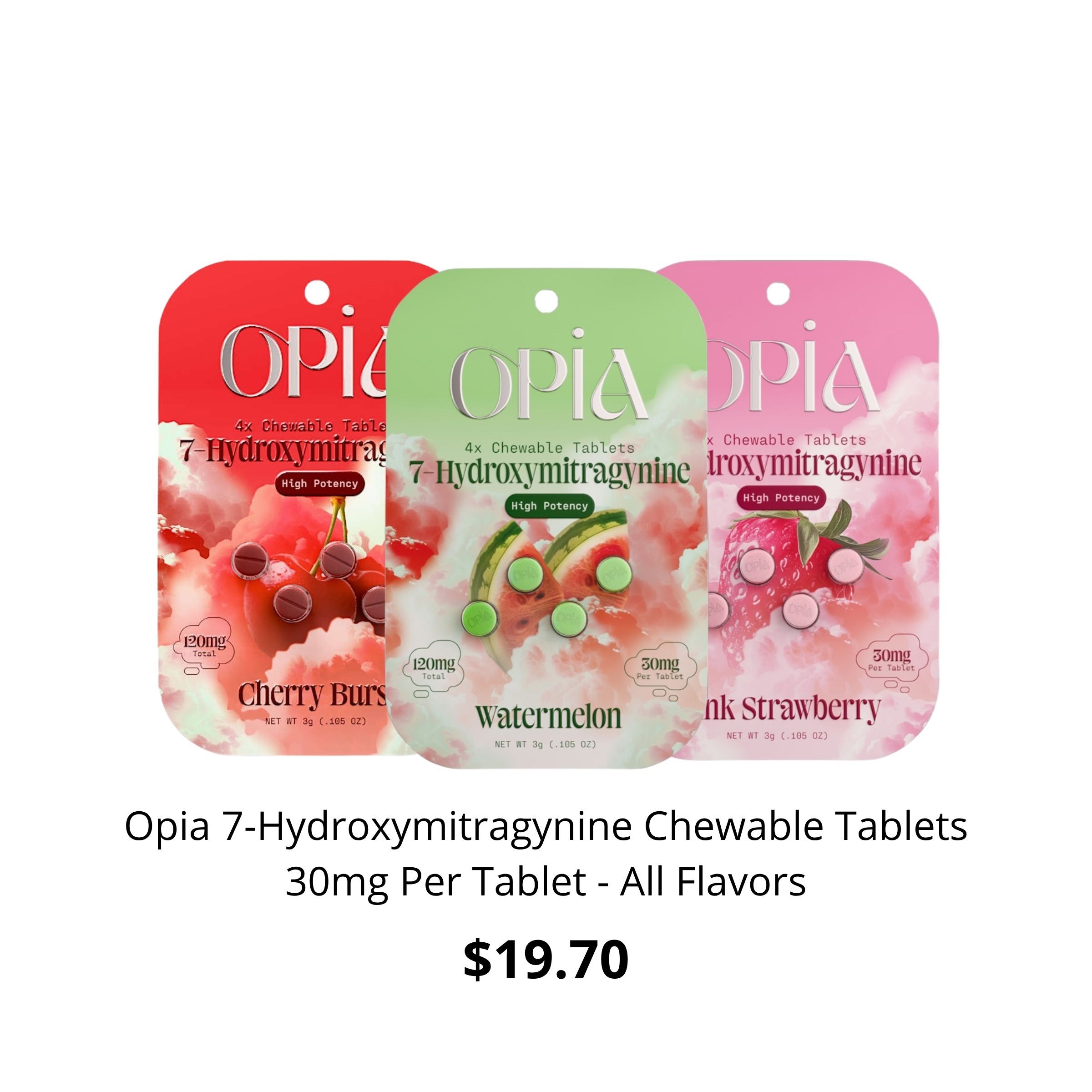 Packages of Opia 7-Hydroxymitragynine Chewable Tablets in various flavors. Price: $19.70.