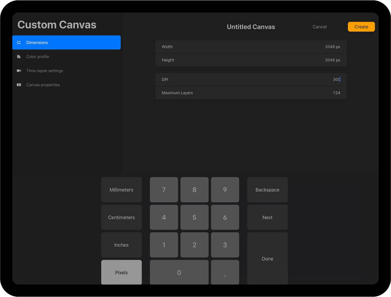 Custom canvas menu in Procreate on the iPad