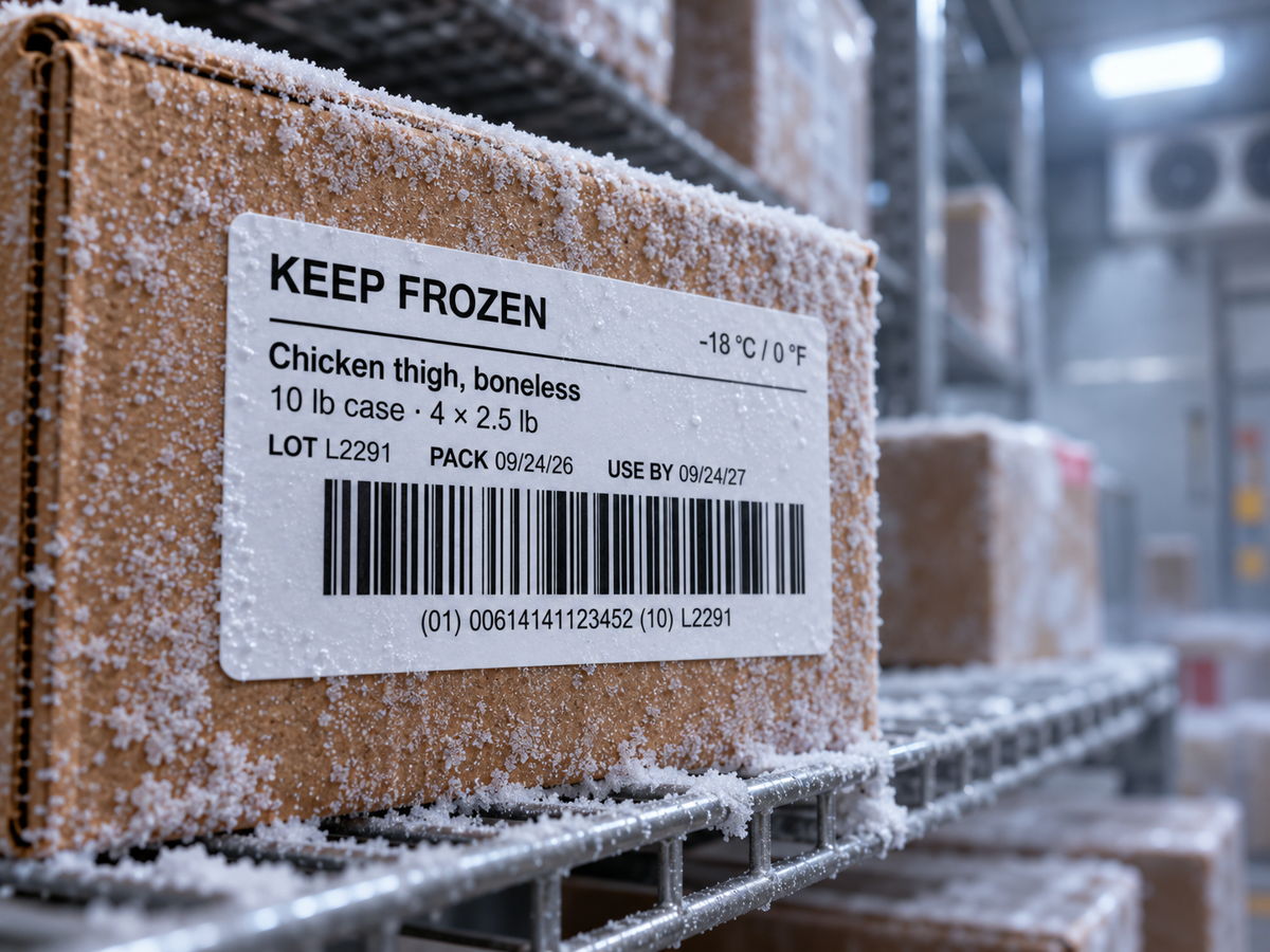 A label still flat on a frost-covered case in a walk-in freezer.
