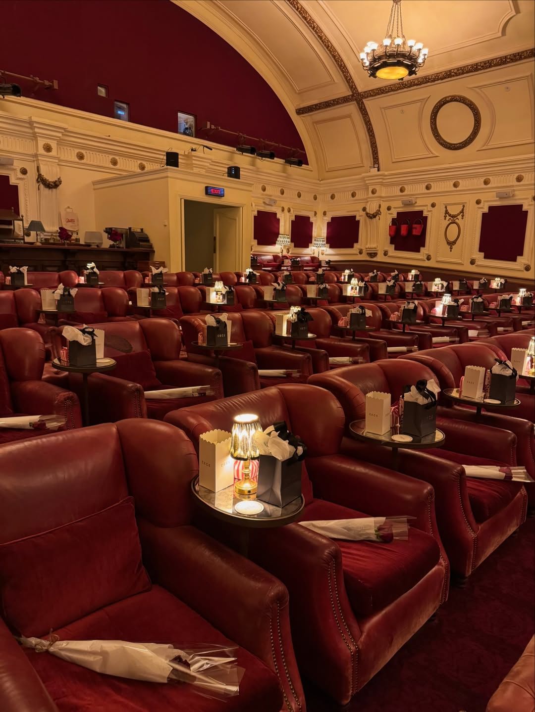 Luxurious theater seating with red leather chairs and elegant decor.