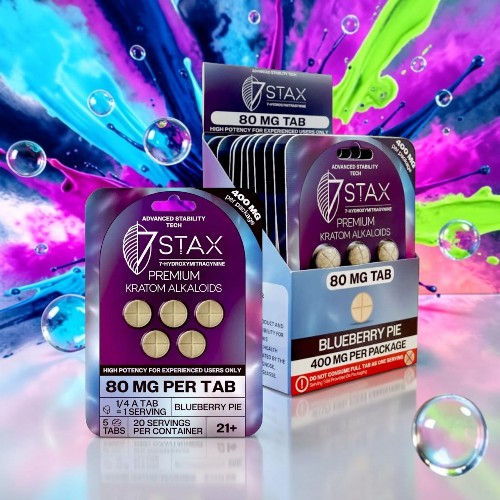 Packaging of 7 Stax blueberry-flavored tablets with colorful background.