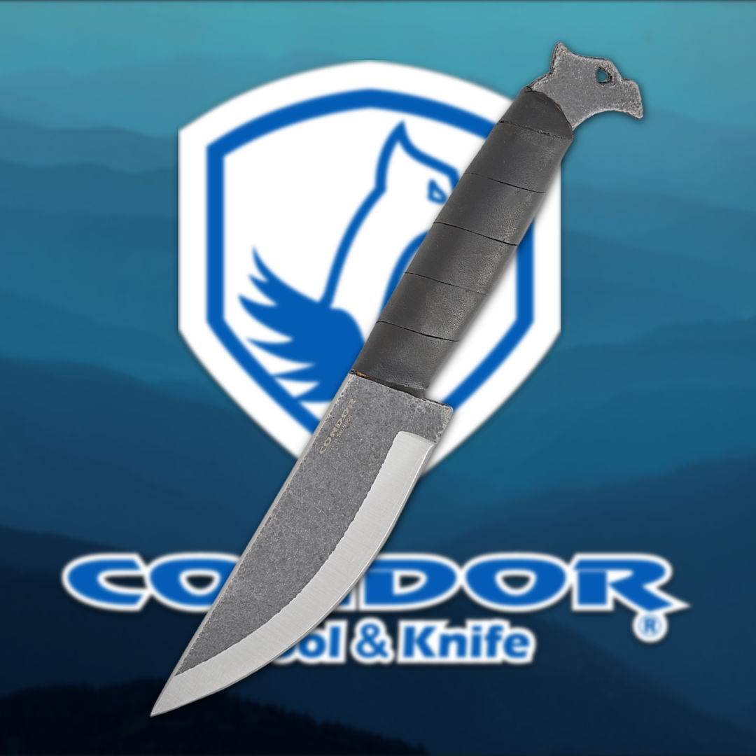 A knife with a textured handle in front of a logo.