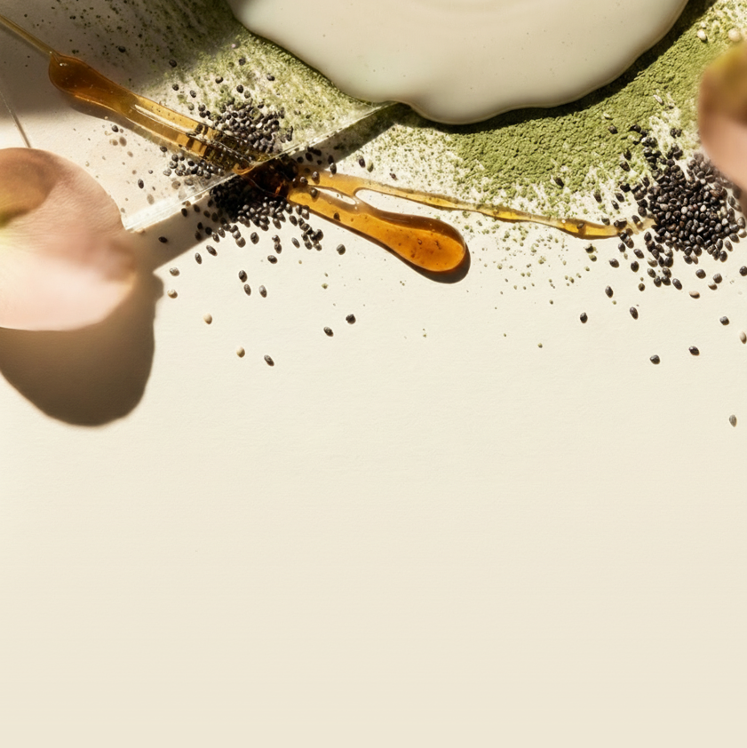 A mixture of natural ingredients, including honey, seeds, and cream on a surface.