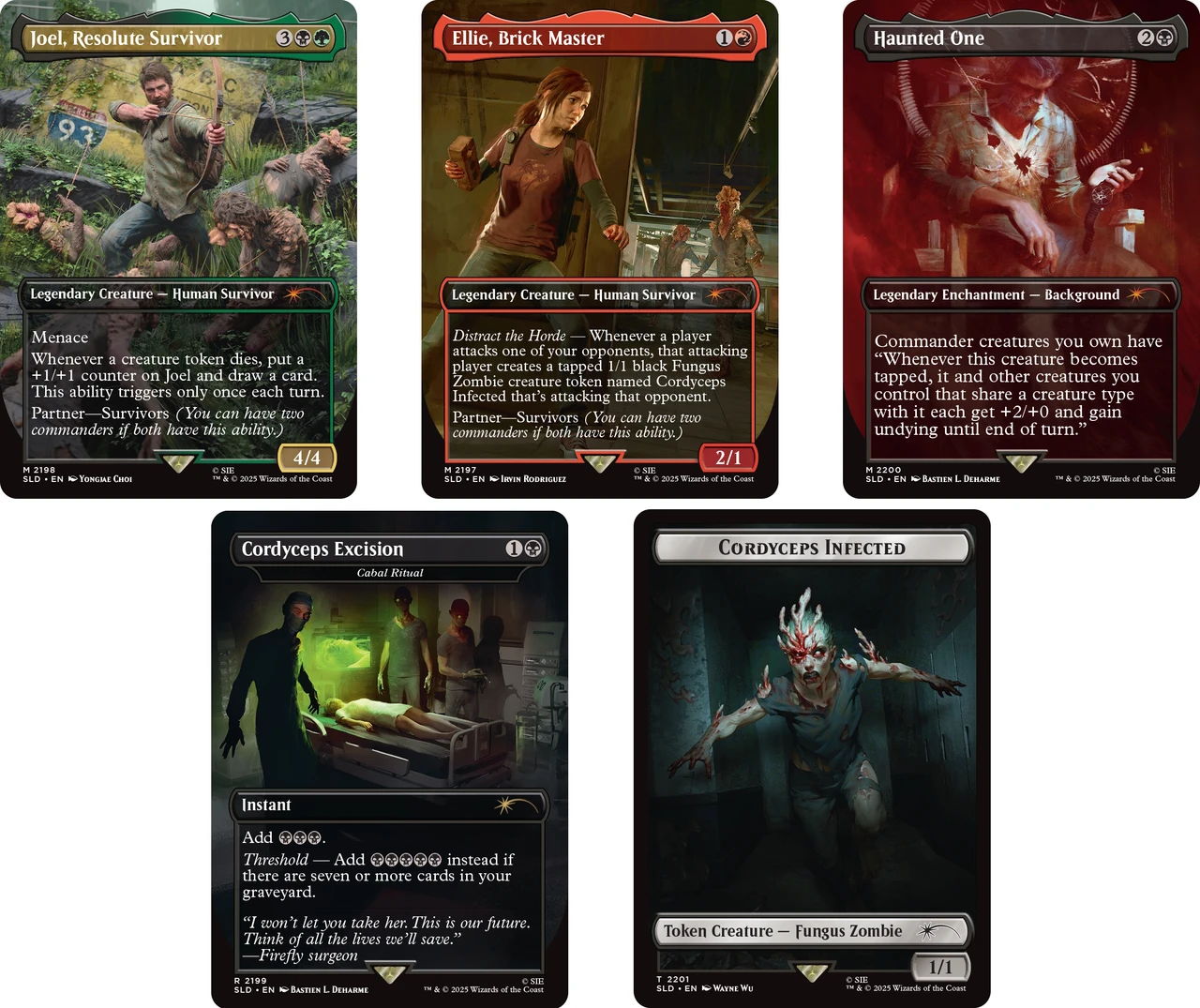 secret lair the last of us - Five collectible trading cards with various characters and artwork.