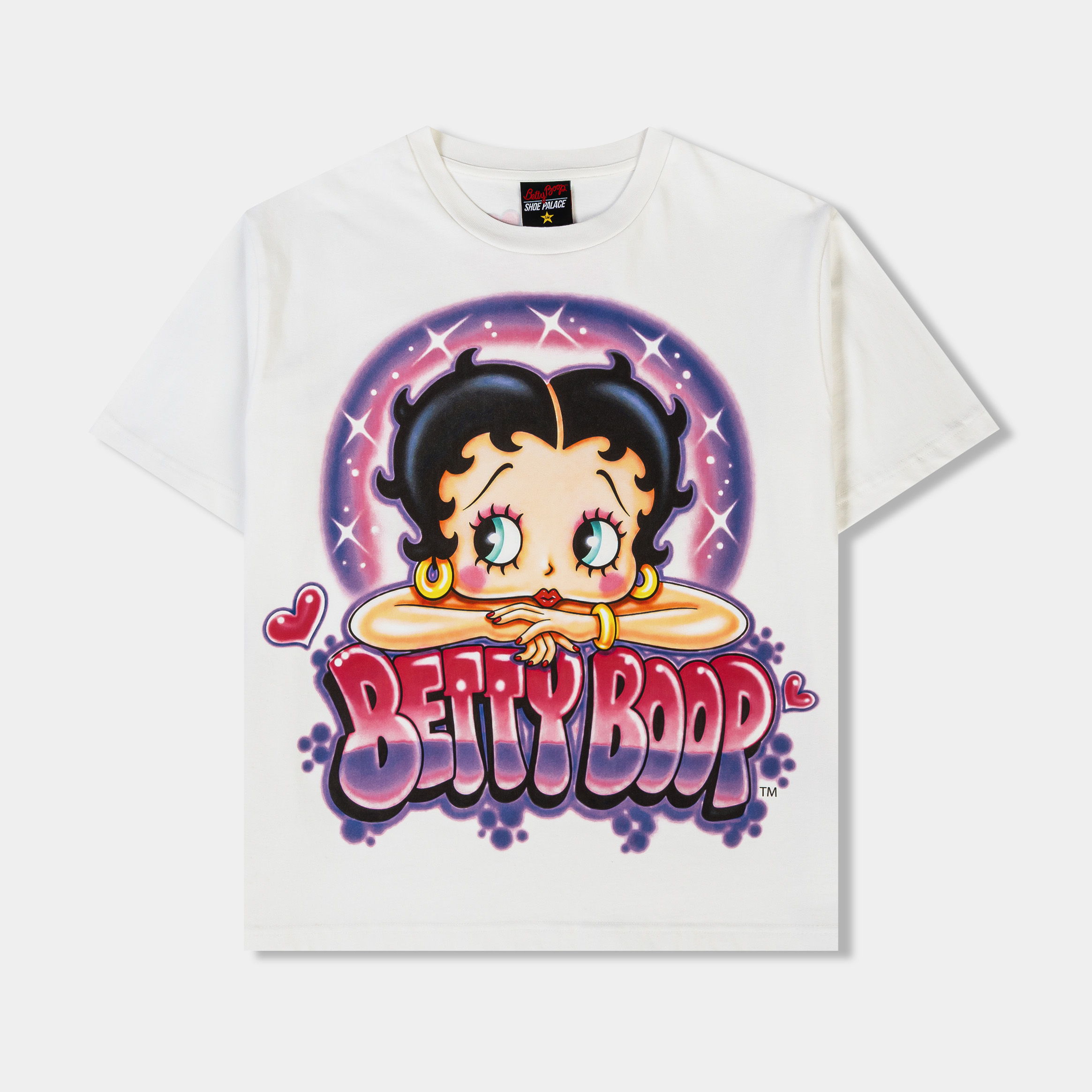 White t-shirt featuring a colorful Betty Boop graphic design.
