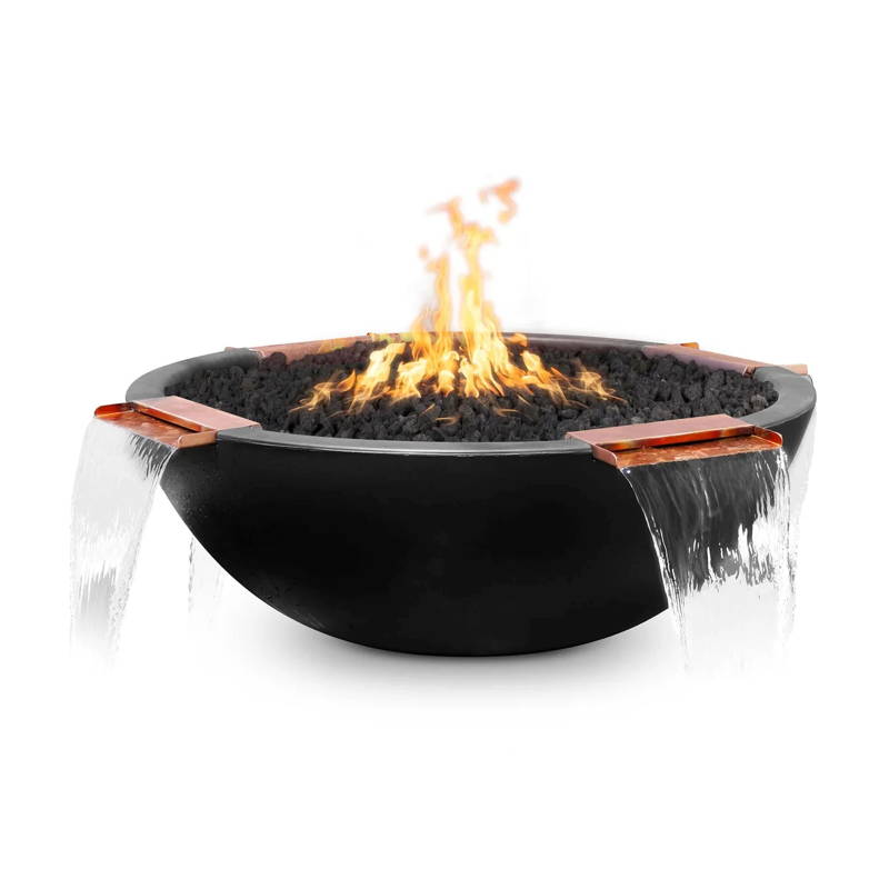 A round shaped fire and water bowl that has 4 way spill with glass fiber reinforced concrete finish.
