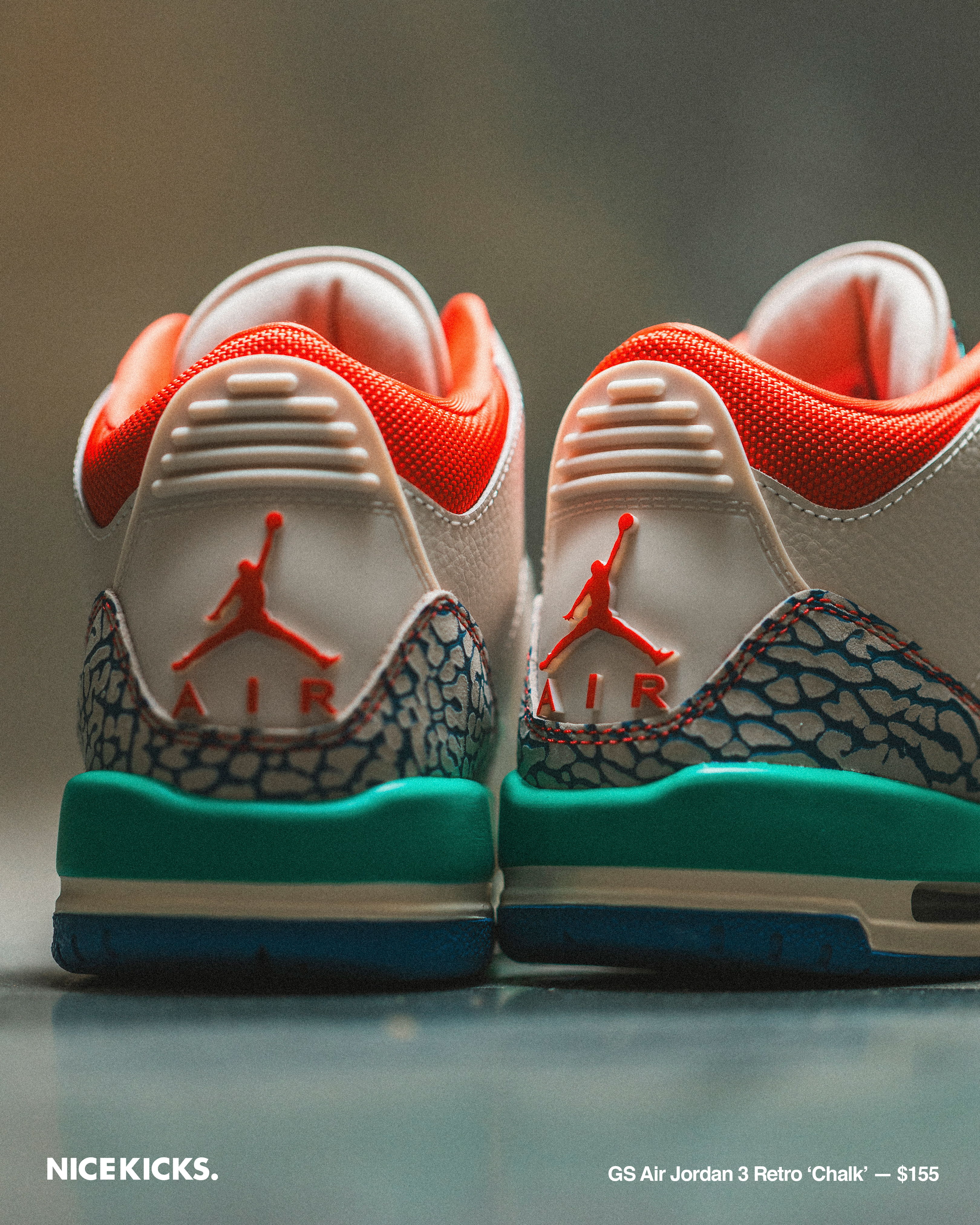 Back view of Air Jordan 3 sneakers with colorful accents.