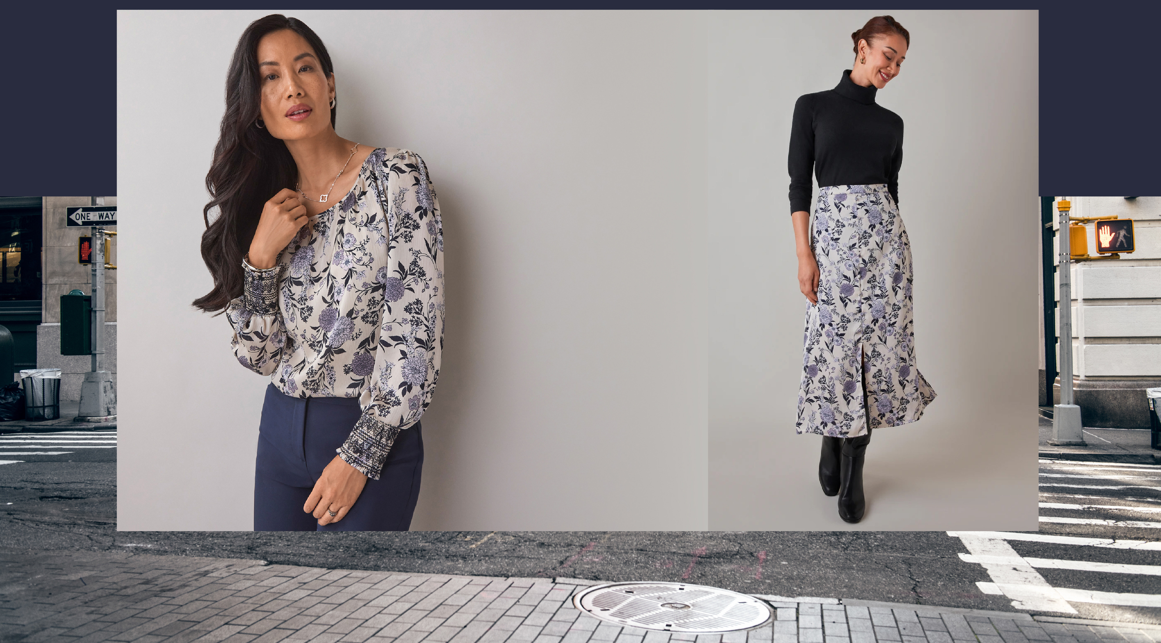 Two women modeling stylish outfits against a neutral background.