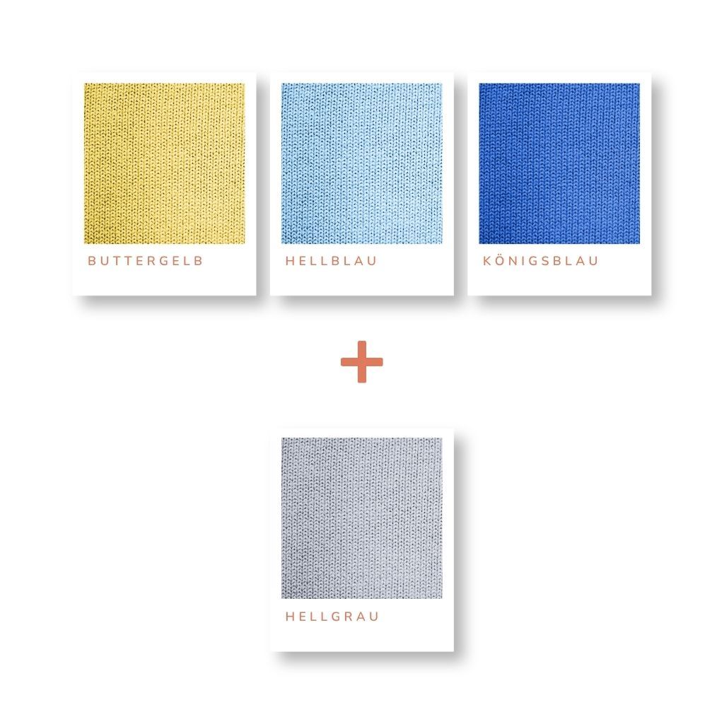 Farben kombinieren_Buttergelb mit Hellblau, Königsblau und Grau