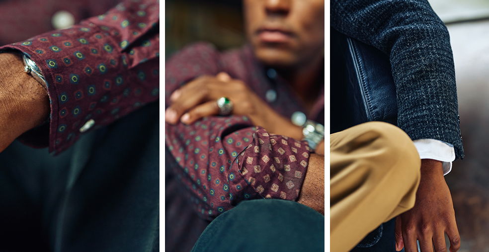 Close-up of men's stylish shirts and hands in different poses.