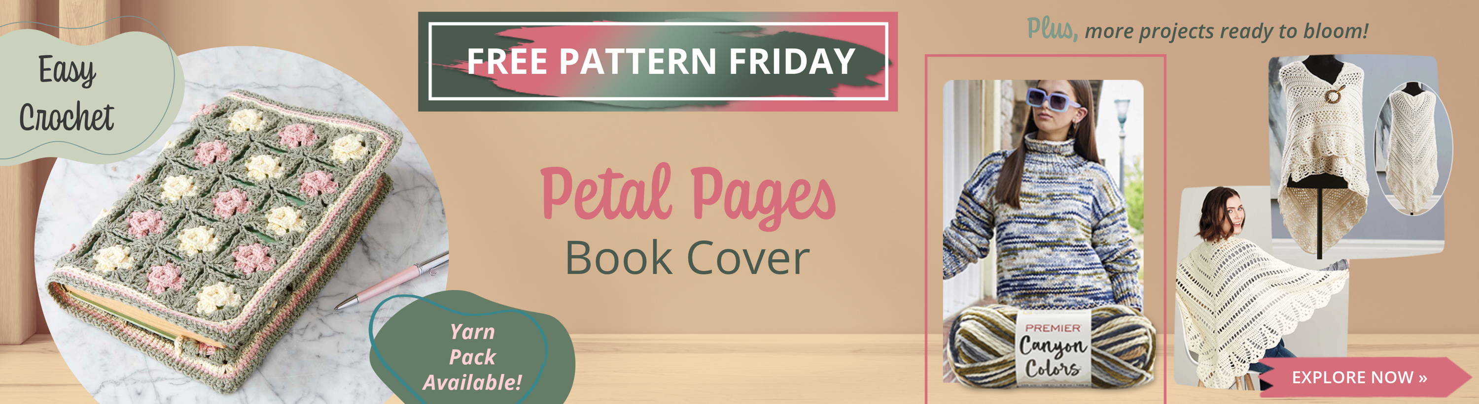 Free Pattern Friday! Petal Pages Book Cover (Easy Crochet). Image: Petal Pages Book Cover and featured crochet projects to explore.