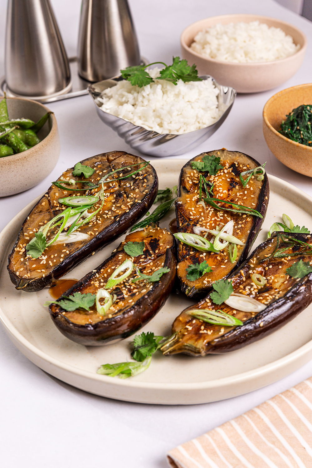 Miso Dengaku Aubergine with Steamed Rice & Sautéed Spinach