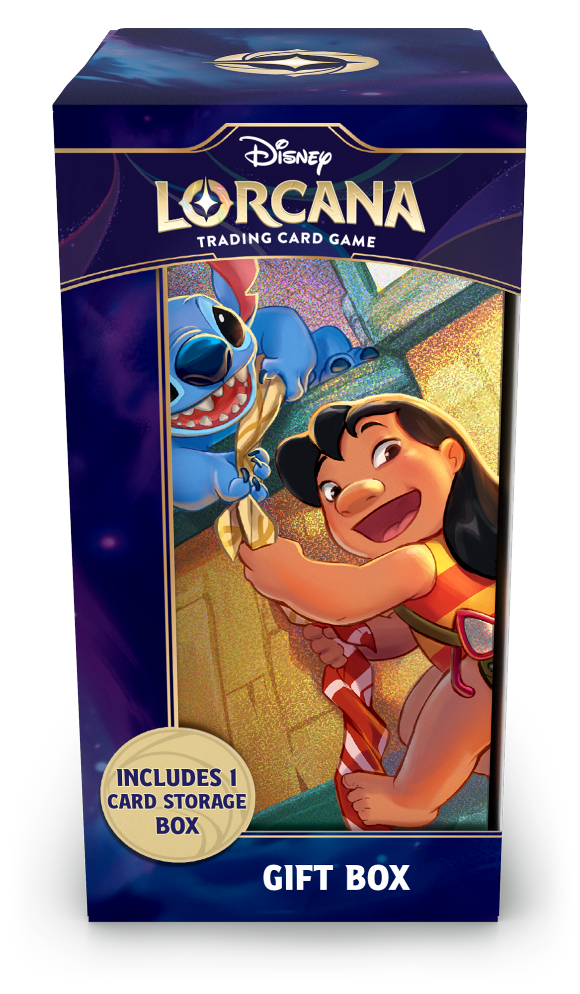 Disney Lorcana trading card game gift box featuring characters and storage box information.