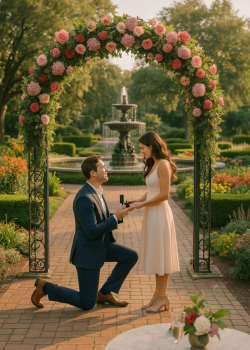 Garden proposal beneath a floral arch at City Park Botanical Garden in New Orleans