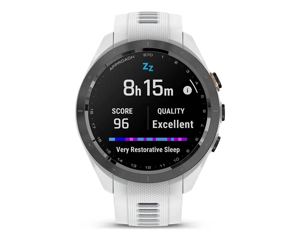 White 42 mm Garmin Approach S70 golf GPS watch with advanced sleep on the screen