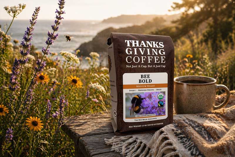 A coffee bag with a cup, flowers, and a scenic background.