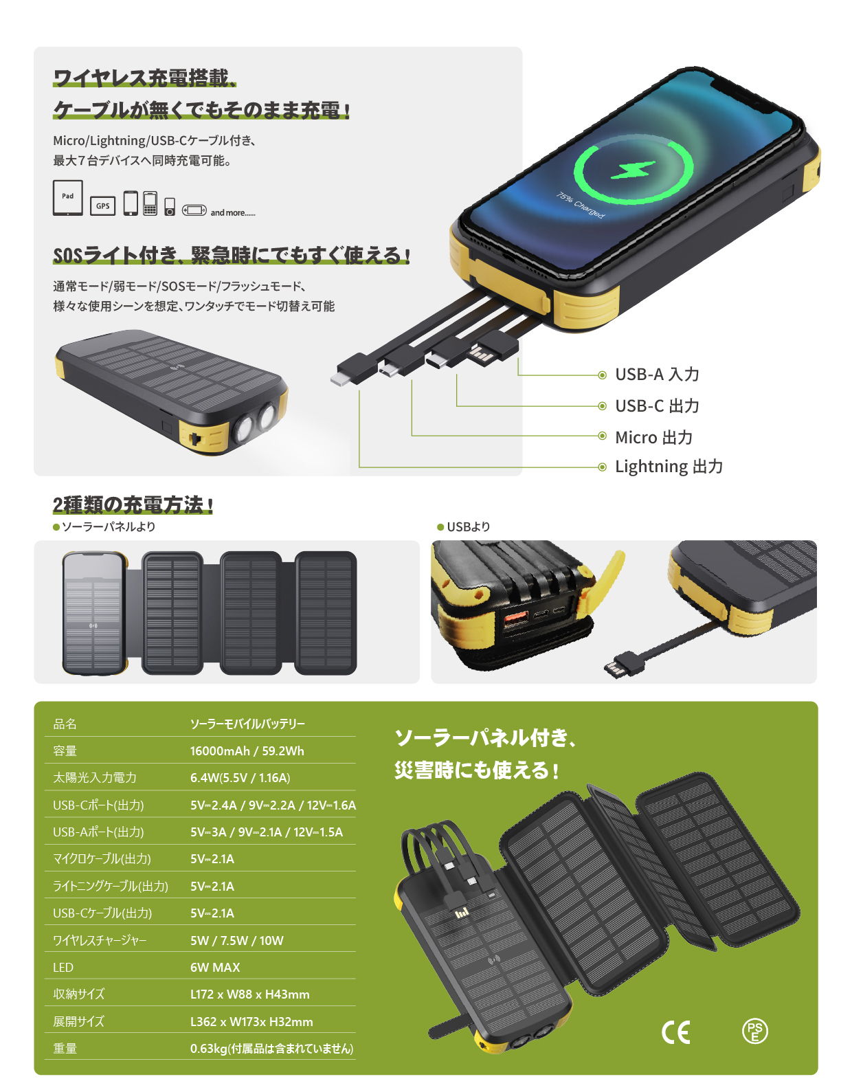 NEW】TogoPower ADVANCE75 ソーラーモバイルバッテリー 16000mAh