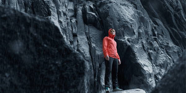 Women Hiking in The North Face rain jacket.