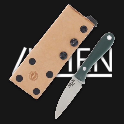 Knife and sheath on a black background with logo.