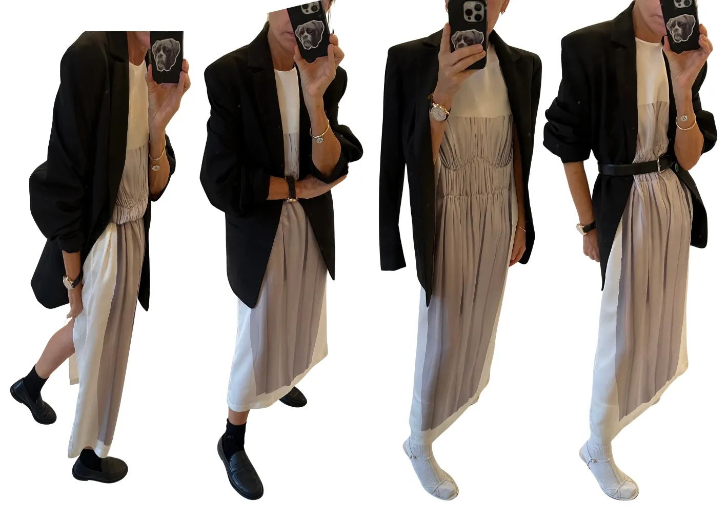 Person modeling different outfits with a long dress and oversized blazer.