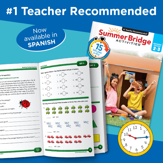 #1 teacher recommended workbook for summer learning. Now available in Spanish.