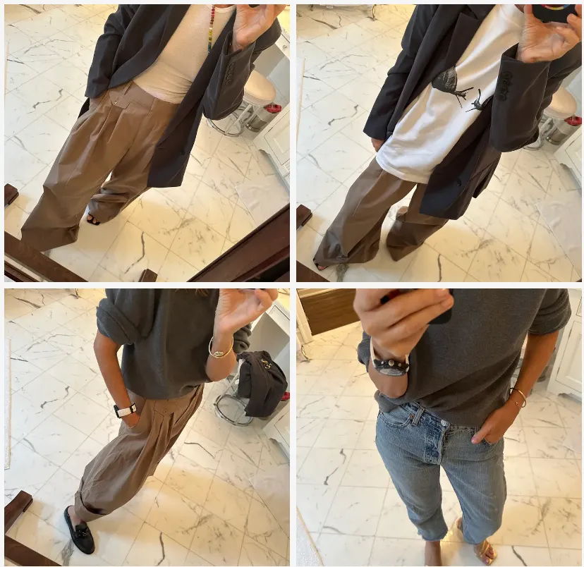 Four outfit looks featuring casual clothing and accessories.