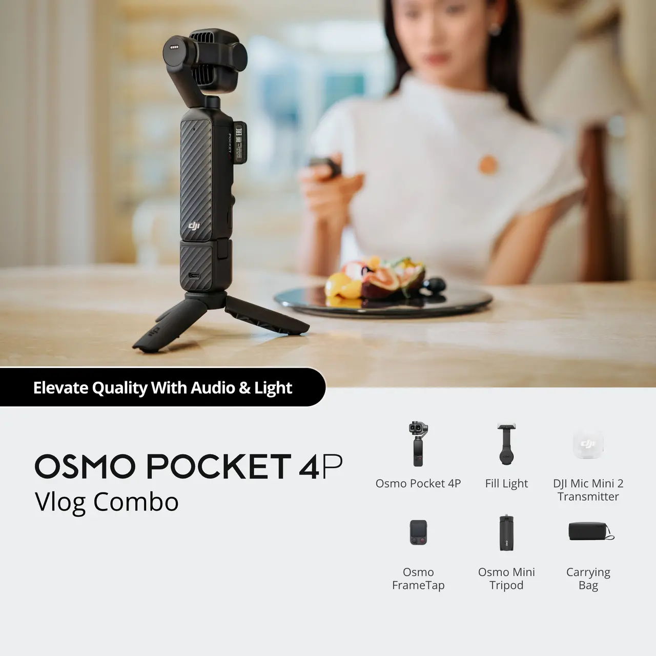 Osmo Pocket 4P Vlog Combo with camera, tripod, light, and carrying bag.