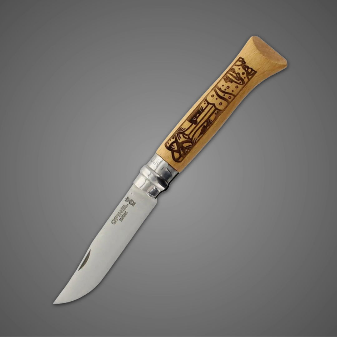 A folding knife with a wooden handle and a silver blade.