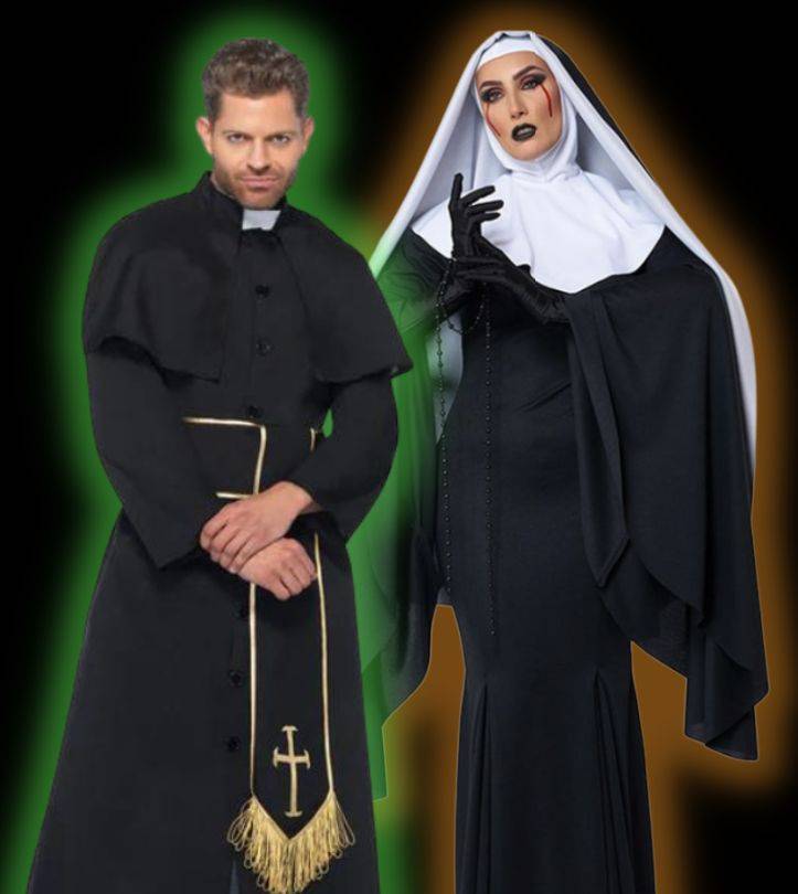 Man in priest costume and woman in nun costume on green and orange background. Shop saint and sinners costumes.