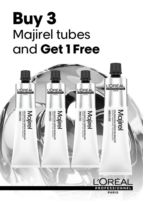 Promotional image for L'Oréal Majirel hair color tubes offer.