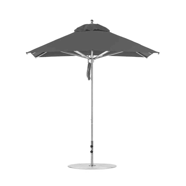 Charcoal gray patio umbrella with center pole for outdoor dining shade, poolside seating, or commercial patio use.