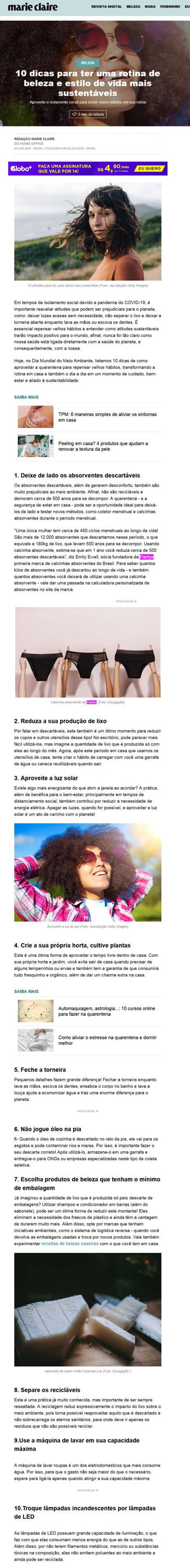 imagem da página do site Marie Claire abordando o tema: 10 dicas para ter uma rotina de beleza e estilo de vida mais sustentáveis