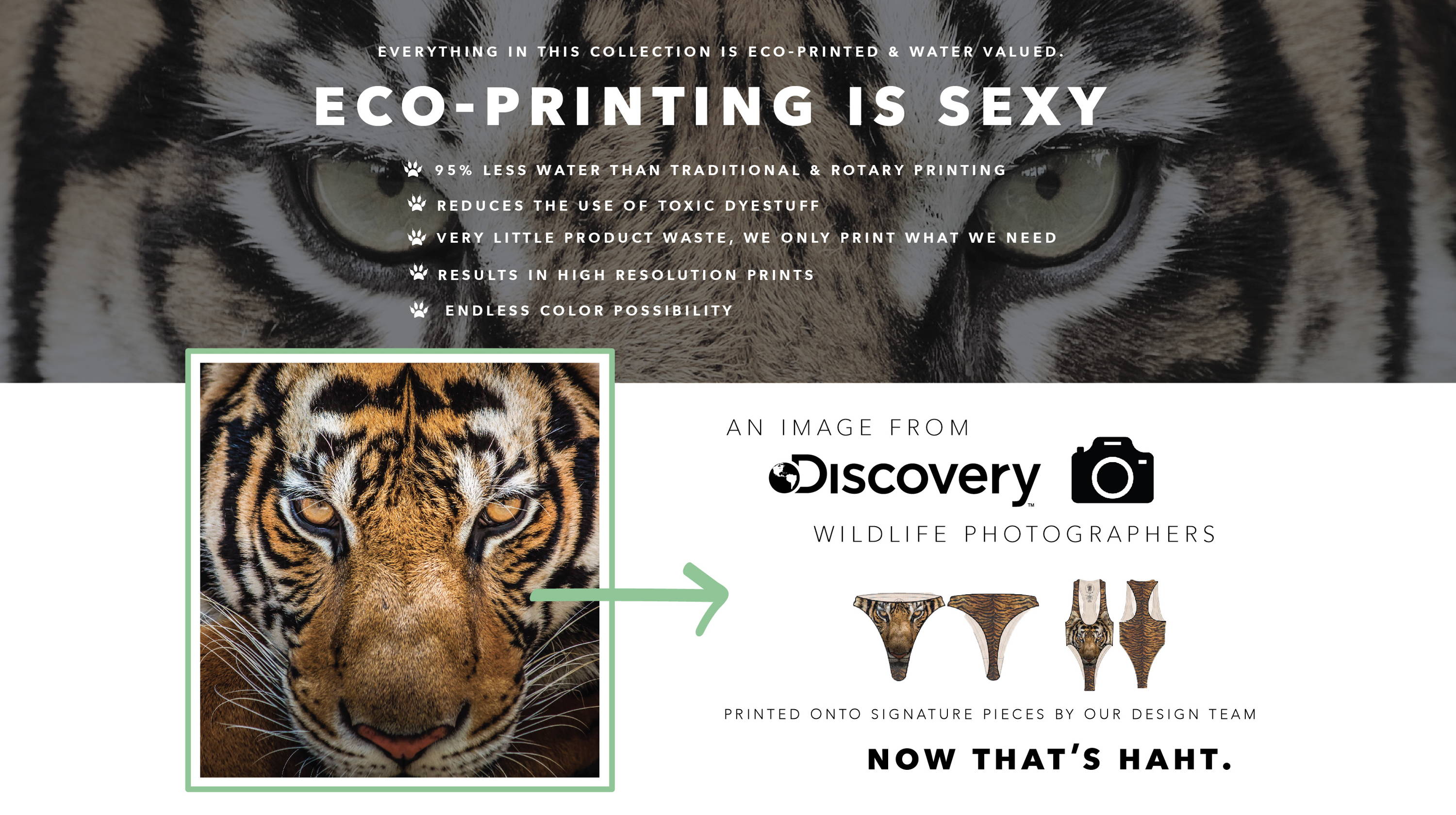 eco printing is sexy and water valued tiger collection print sustainable. uses less water than traditional reduces toxic dyestuff no product waste, detailed prints, endless colros. discovery wildlife photo of tiger cat animal leopard on bikini underwear swimwear robe sleepwear