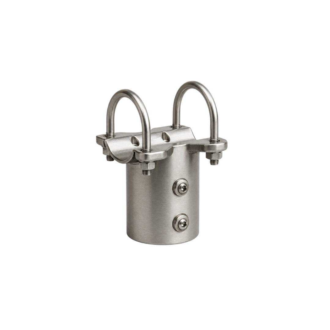 Metal bracket with two loops and screws for mounting.