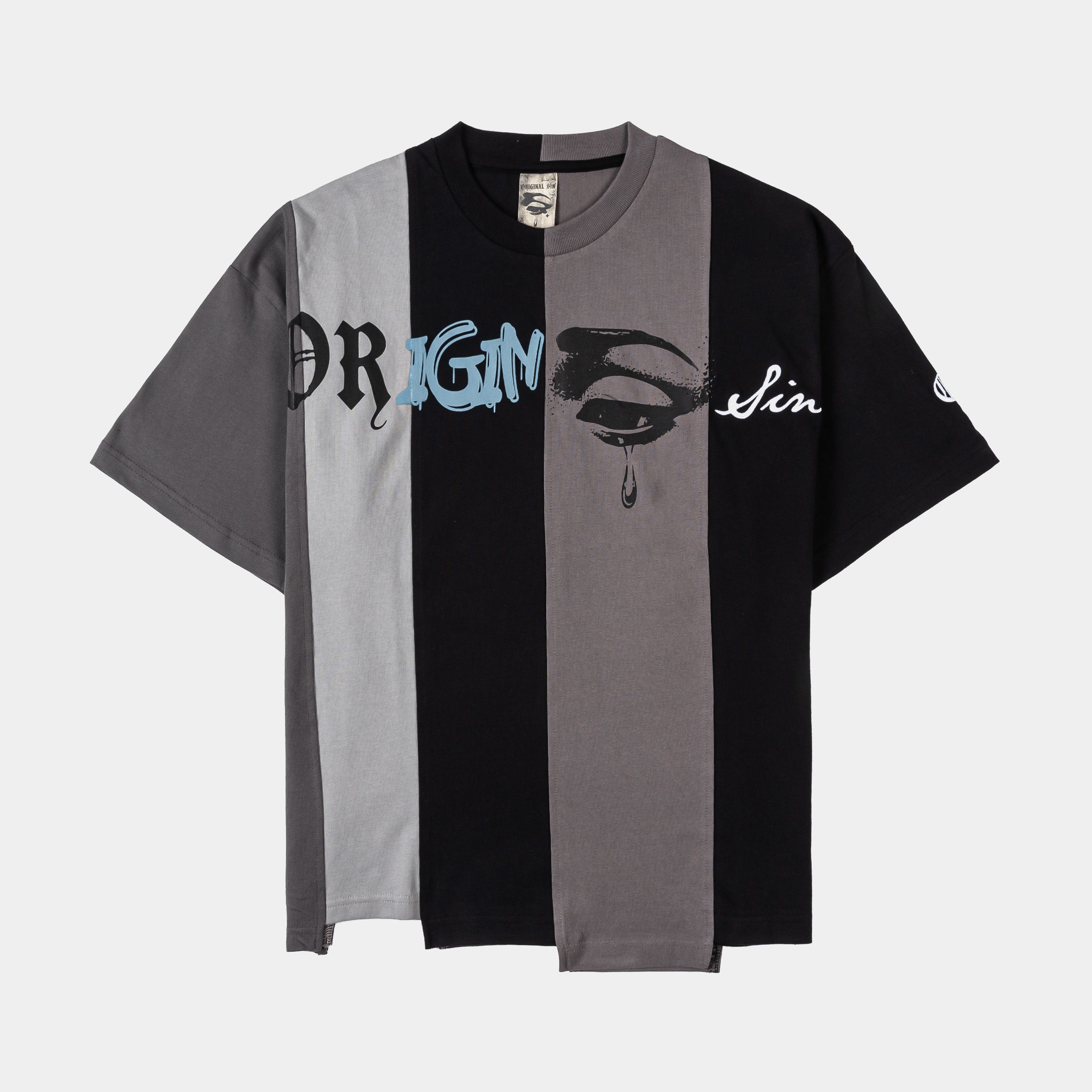 Graphic t-shirt featuring a mix of black, gray, and blue colors.
