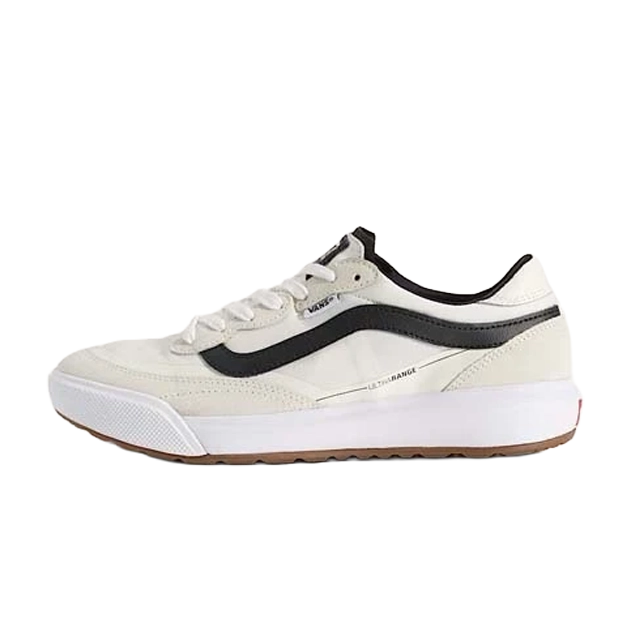 White sneaker with black accents and gum sole.