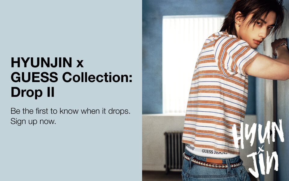 Hyunjin x Guess Collection: Drop II announcement with sign-up prompt.