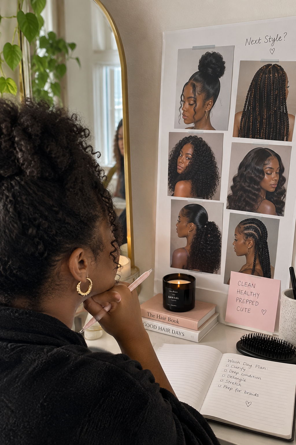 Person examining hairstyle options in front of a mirror with hairstyle photos.