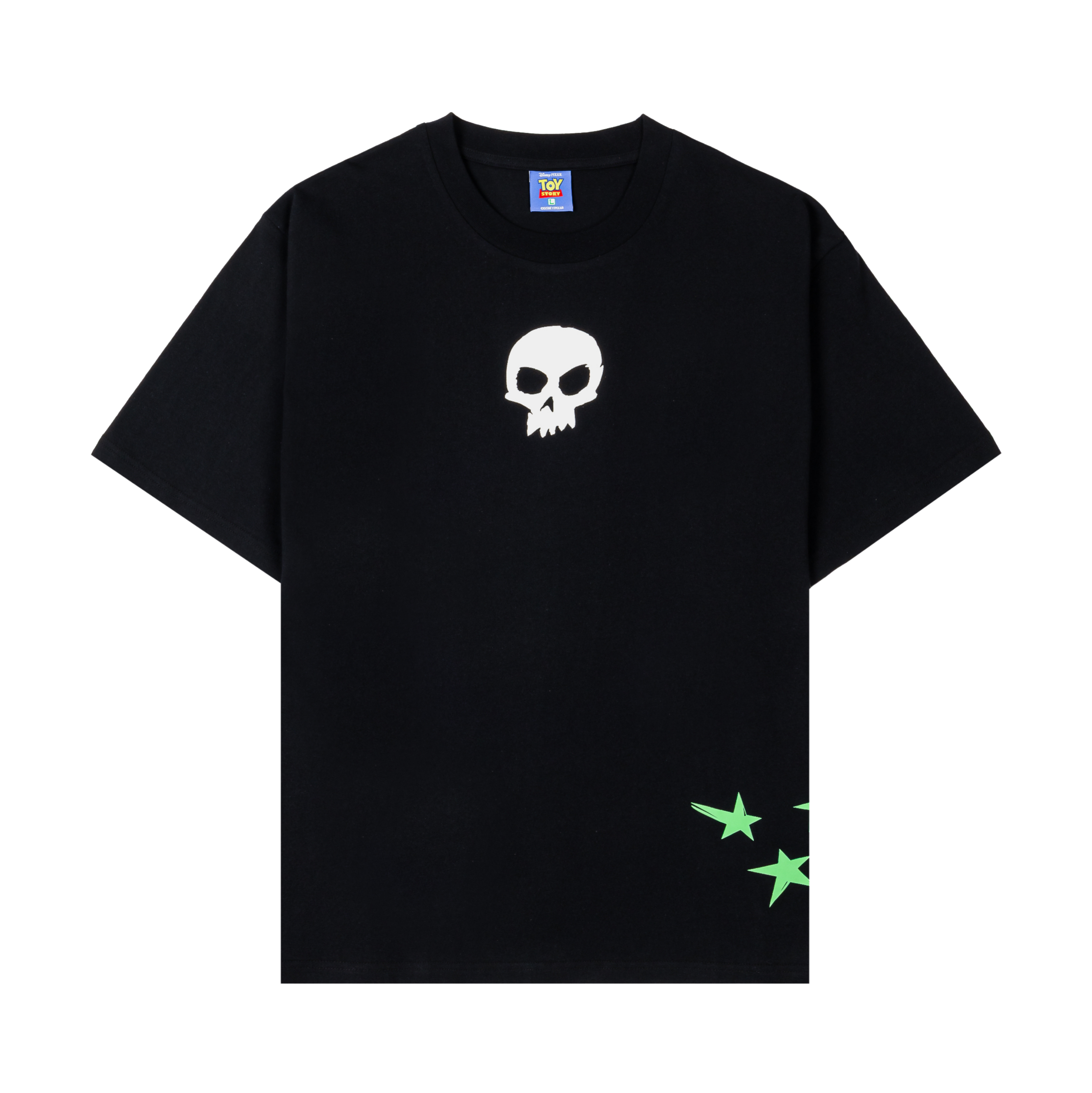 Black t-shirt featuring a white skull and green star graphics.