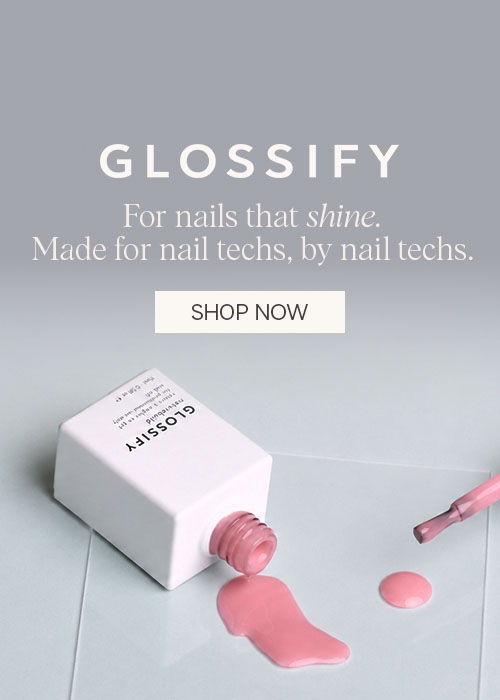 Bottle of nail polish with text promoting Glossify products for nail technicians.
