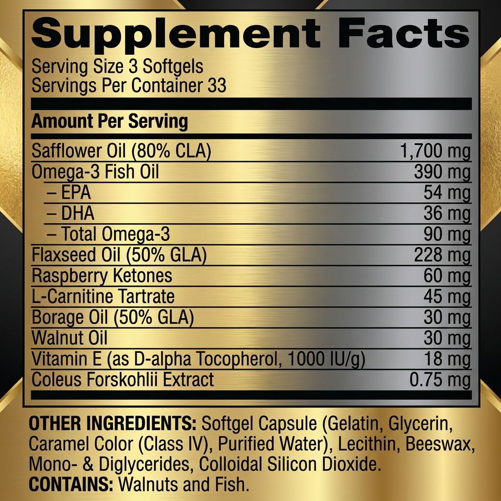 Supplement facts for a dietary supplement in softgel form.