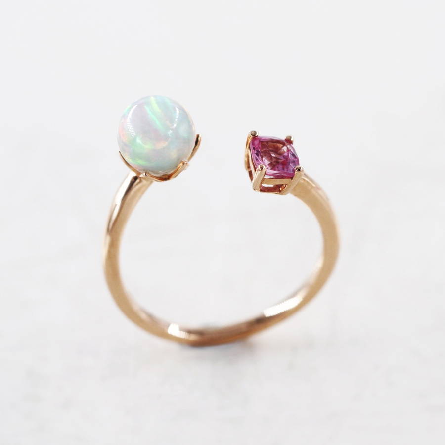 WILLS JEWELLERY 白蛋白石與粉色尖晶石開口戒指