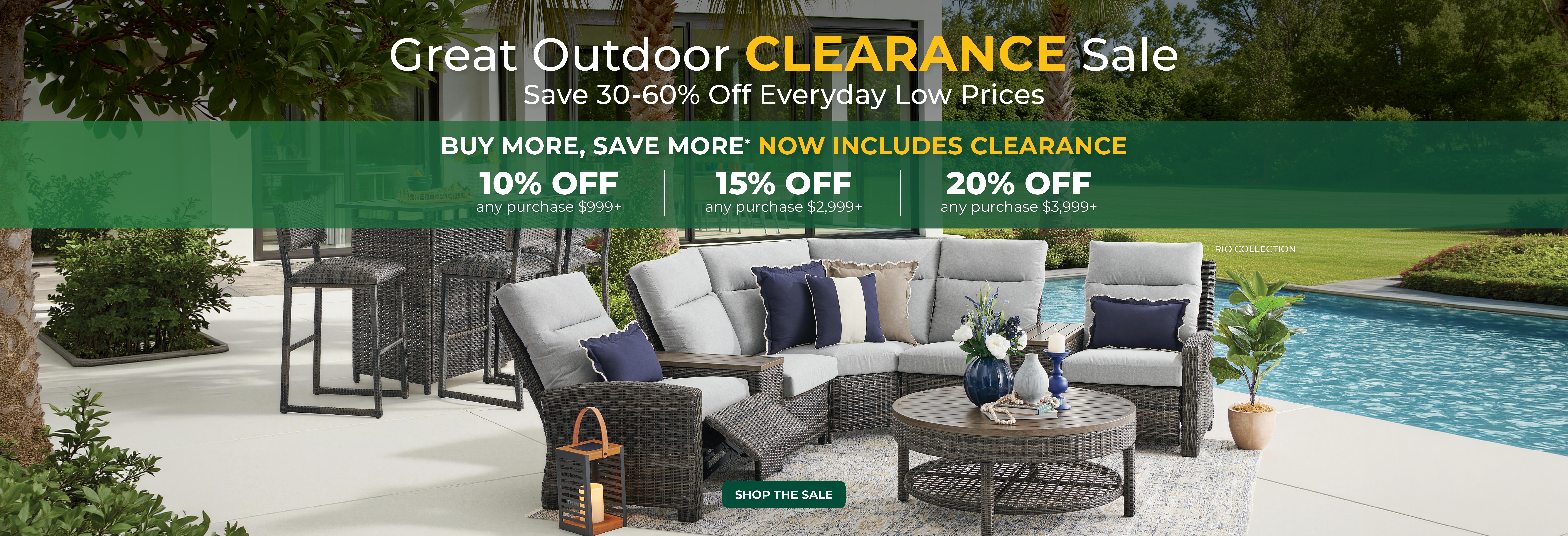 Outdoor furniture clearance sale advertisement with pool in background.