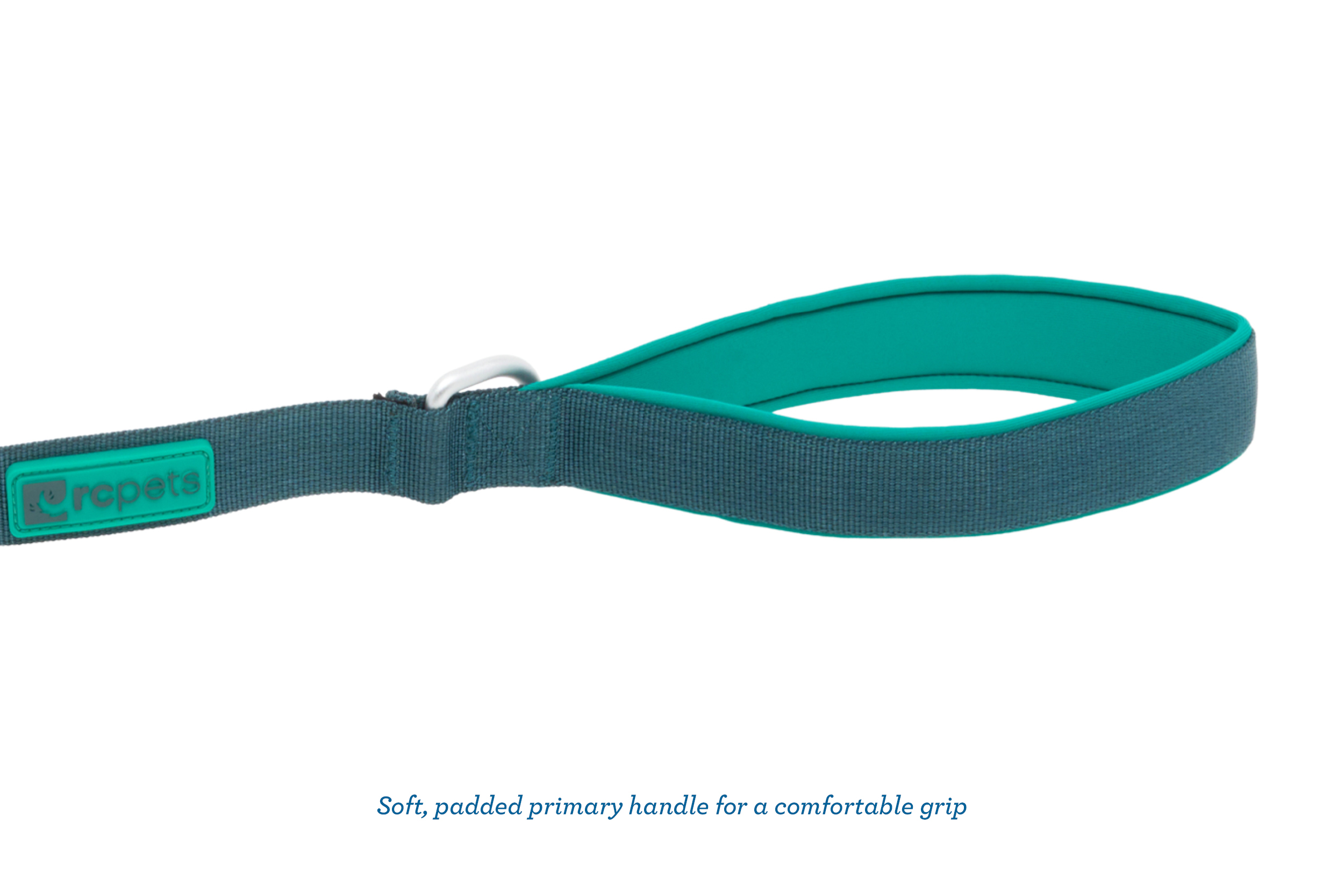 A teal pet leash with a padded handle for comfortable grip.
