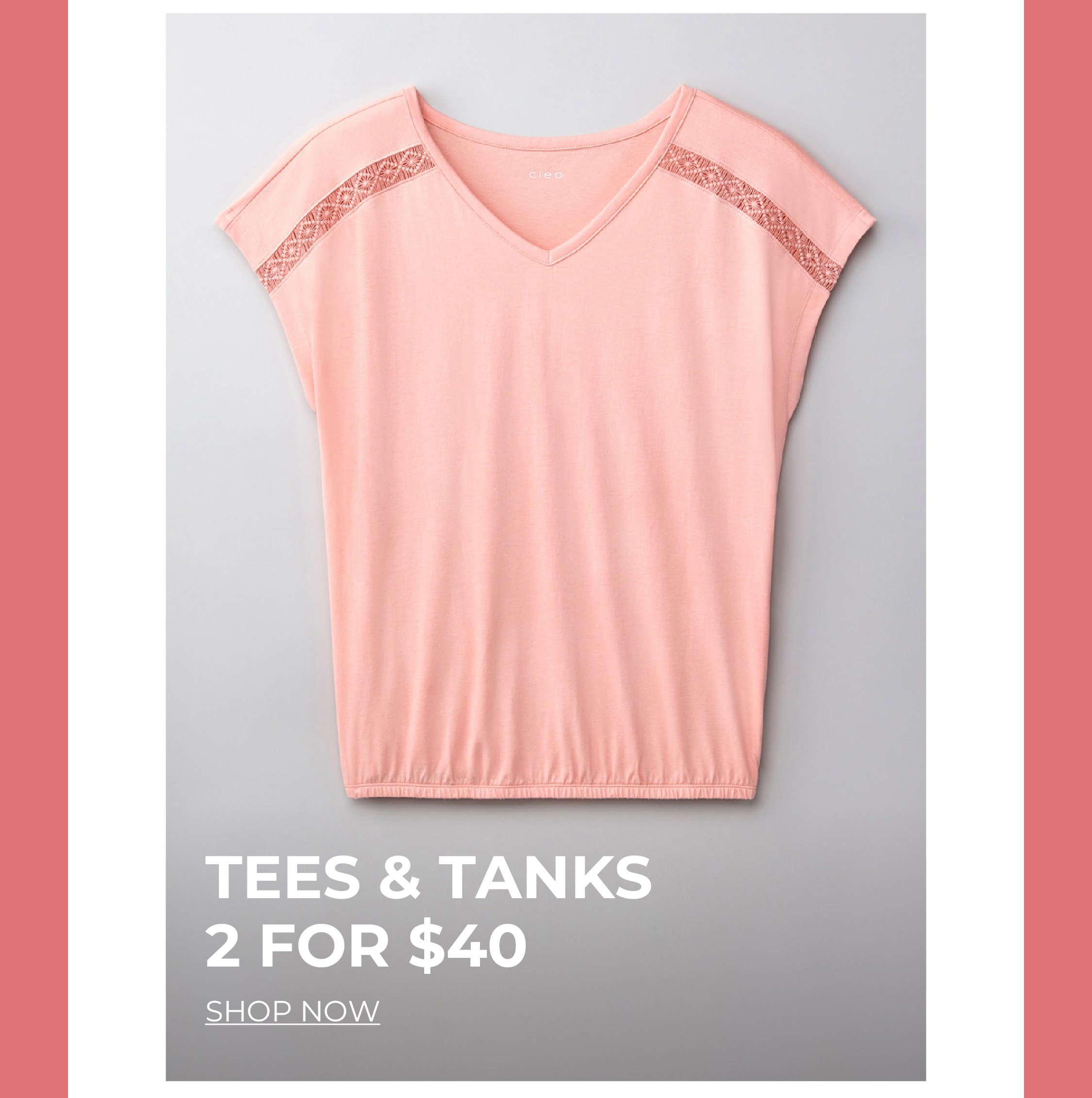 Pink v-neck top with text promoting tees and tanks sale.