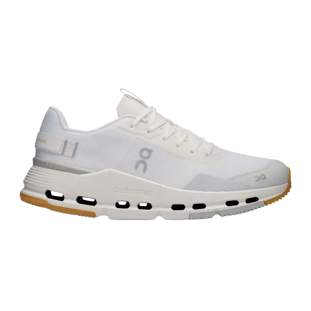 White athletic shoe with a lightweight design and gum sole.