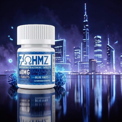 Bottle of 40mg supplement with a city skyline background.