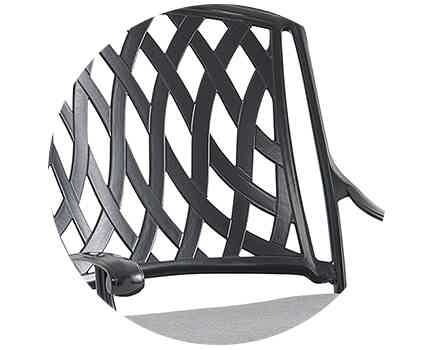 Black decorative chair back with a woven pattern.