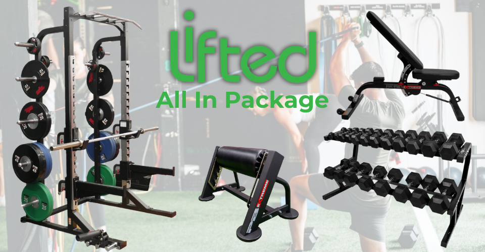 Fitness equipment display with weights and benches, labeled 