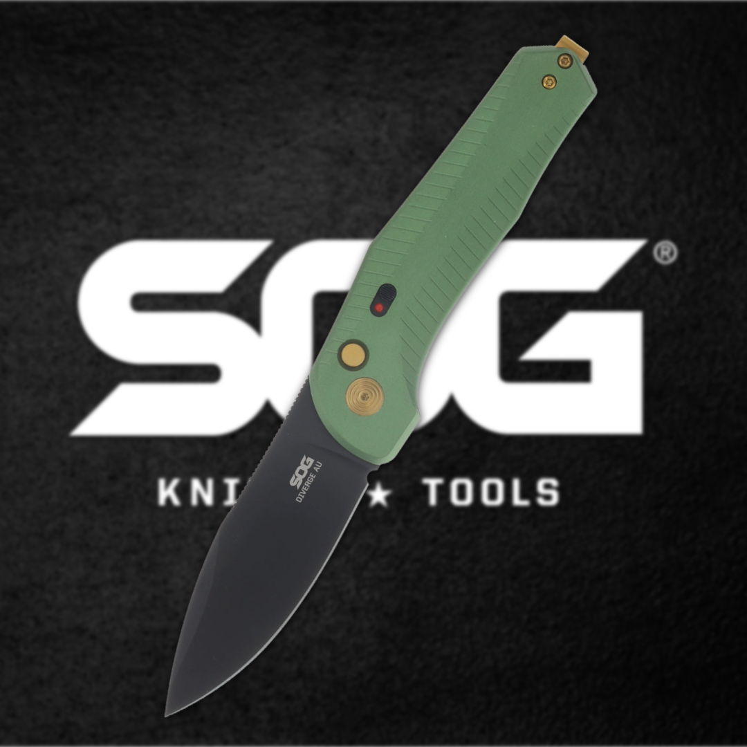 Green-handled folding knife in front of SOG logo.